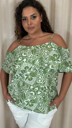 CurveWow Printed Frill Cold Shoulder Top Green Tile