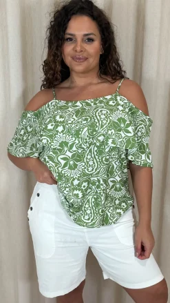 CurveWow Printed Frill Cold Shoulder Top Green Tile