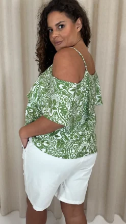 CurveWow Printed Frill Cold Shoulder Top Green Tile