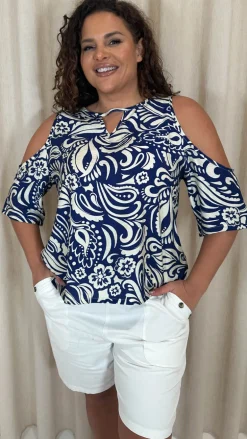 CurveWow Printed Keyhole Cold Shoulder Top Blue