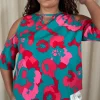 CurveWow  Printed Keyhole Cold Shoulder Top Teal