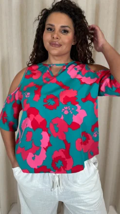 CurveWow  Printed Keyhole Cold Shoulder Top Teal