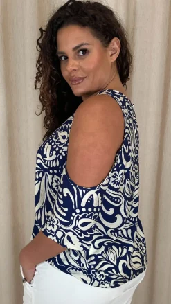 CurveWow Printed Keyhole Cold Shoulder Top Blue