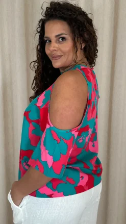 CurveWow  Printed Keyhole Cold Shoulder Top Teal