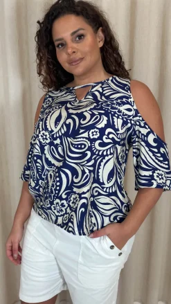 CurveWow Printed Keyhole Cold Shoulder Top Blue