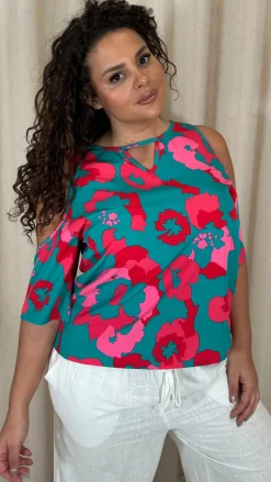 CurveWow  Printed Keyhole Cold Shoulder Top Teal