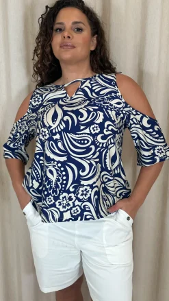 CurveWow Printed Keyhole Cold Shoulder Top Blue