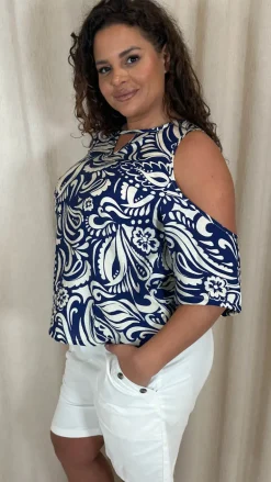 CurveWow Printed Keyhole Cold Shoulder Top Blue