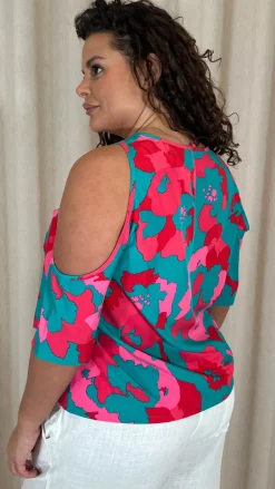 CurveWow  Printed Keyhole Cold Shoulder Top Teal