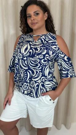 CurveWow Printed Keyhole Cold Shoulder Top Blue