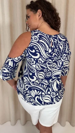 CurveWow Printed Keyhole Cold Shoulder Top Blue