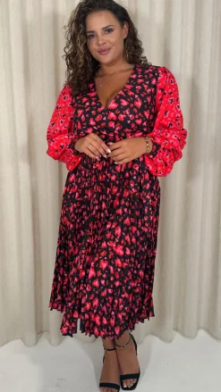 CurveWow Printed Pleated Midi Dress Red Animal Mix