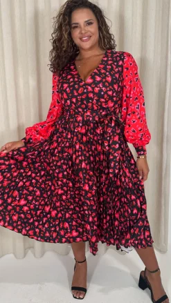 CurveWow Printed Pleated Midi Dress Red Animal Mix