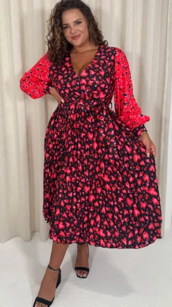 CurveWow Printed Pleated Midi Dress Red Animal Mix