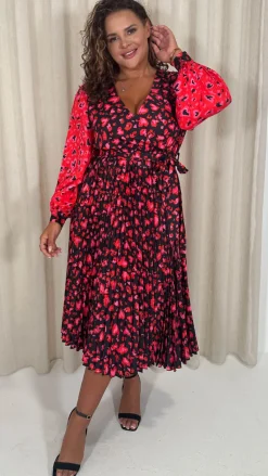 CurveWow Printed Pleated Midi Dress Red Animal Mix