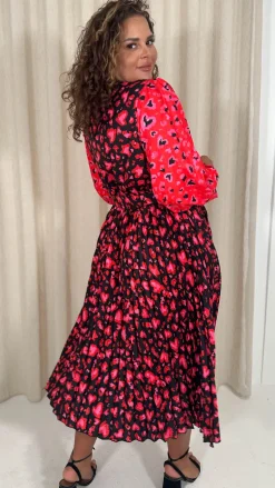 CurveWow Printed Pleated Midi Dress Red Animal Mix