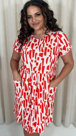 CurveWow Printed Pocket Smock Dress Orange Spot