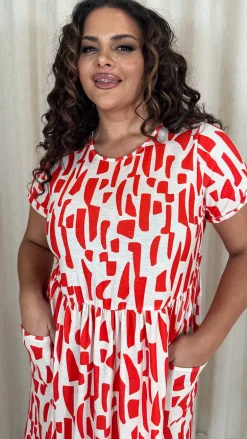 CurveWow Printed Pocket Smock Dress Orange Spot