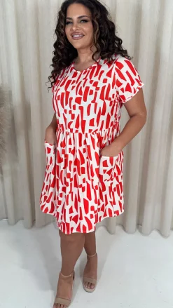 CurveWow Printed Pocket Smock Dress Orange Spot