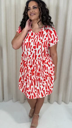 CurveWow Printed Pocket Smock Dress Orange Spot