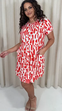 CurveWow Printed Pocket Smock Dress Orange Spot