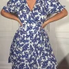 CurveWow Printed Puff Sleeve Wrap Midi Dress Blue Floral