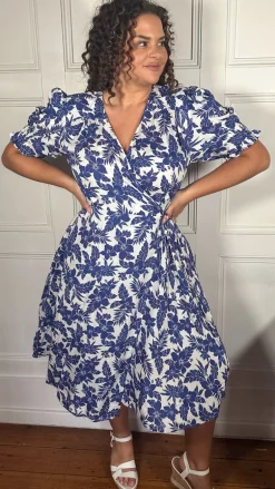 CurveWow Printed Puff Sleeve Wrap Midi Dress Blue Floral