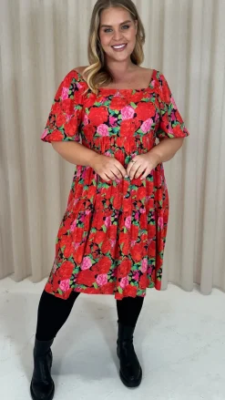 CurveWow Printed Puff Sleeve Dress Floral
