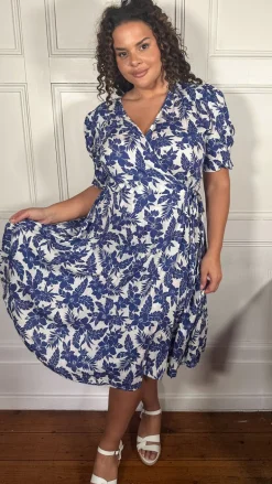 CurveWow Printed Puff Sleeve Wrap Midi Dress Blue Floral