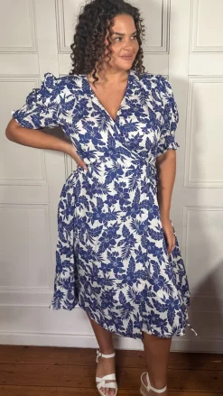 CurveWow Printed Puff Sleeve Wrap Midi Dress Blue Floral