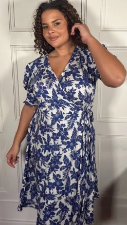 CurveWow Printed Puff Sleeve Wrap Midi Dress Blue Floral