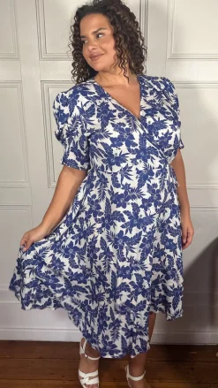 CurveWow Printed Puff Sleeve Wrap Midi Dress Blue Floral