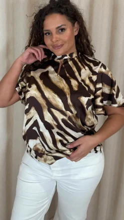 CurveWow Printed Satin Keyhole Top Animal