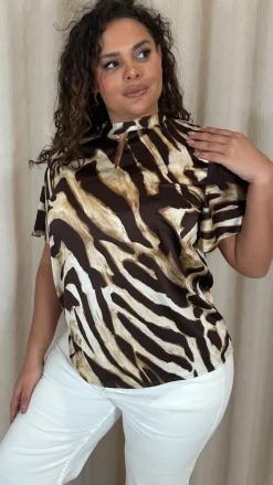 CurveWow Printed Satin Keyhole Top Animal