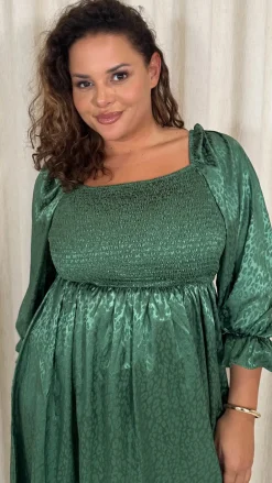 CurveWow Printed Satin Shirred Top Mini Dress Forest Green