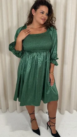 CurveWow Printed Satin Shirred Top Mini Dress Forest Green