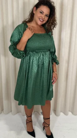 CurveWow Printed Satin Shirred Top Mini Dress Forest Green