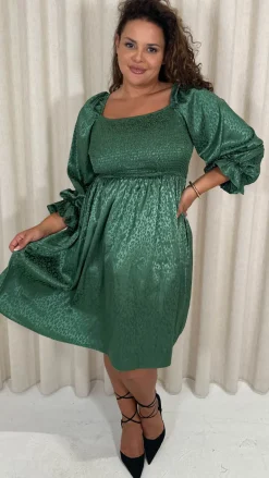 CurveWow Printed Satin Shirred Top Mini Dress Forest Green