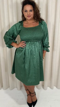 CurveWow Printed Satin Shirred Top Mini Dress Forest Green