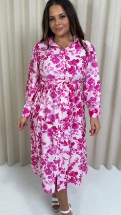 CurveWow Printed Shirt Midaxi Dress Pink Floral