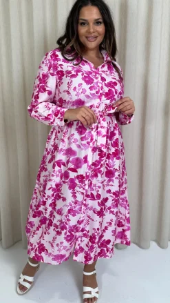 CurveWow Printed Shirt Midaxi Dress Pink Floral