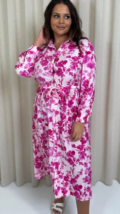 CurveWow Printed Shirt Midaxi Dress Pink Floral