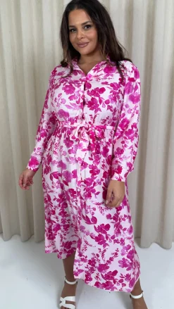 CurveWow Printed Shirt Midaxi Dress Pink Floral