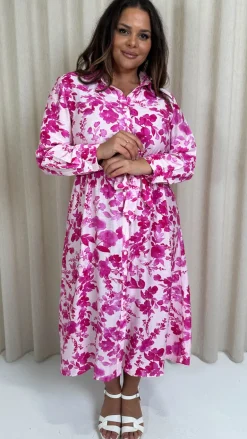 CurveWow Printed Shirt Midaxi Dress Pink Floral
