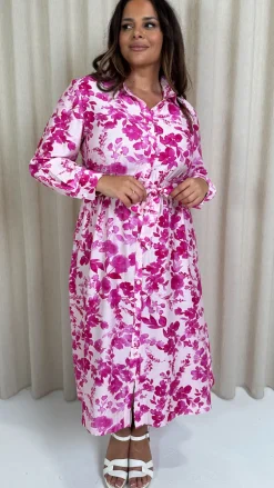 CurveWow Printed Shirt Midaxi Dress Pink Floral