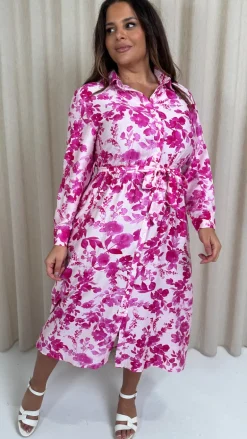 CurveWow Printed Shirt Midaxi Dress Pink Floral