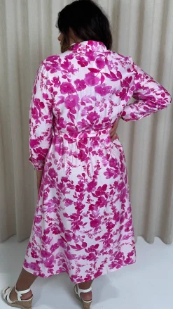 CurveWow Printed Shirt Midaxi Dress Pink Floral