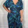 CurveWow Printed Slinky Wrap Jumpsuit Green Tropical