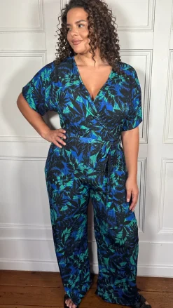 CurveWow Printed Slinky Wrap Jumpsuit Green Tropical