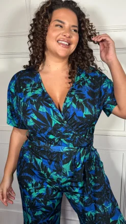 CurveWow Printed Slinky Wrap Jumpsuit Green Tropical